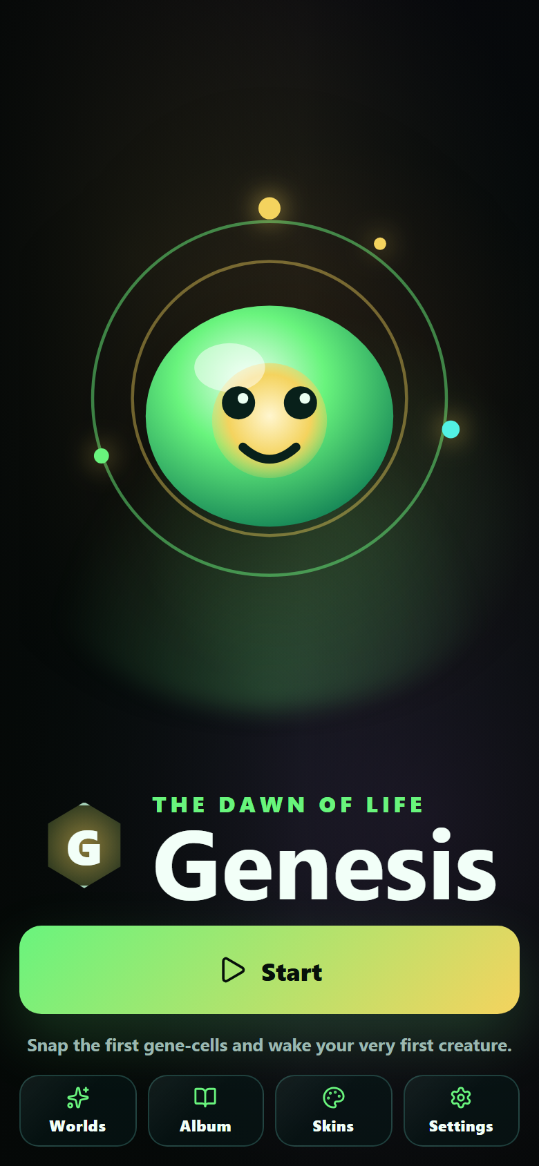 Genesis — Bioforge welcome screen, portrait layout